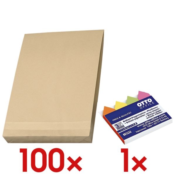 Mailmedia 100 Faltentaschen mit Steh-/Klotzboden, B4 ohne Fenster inkl. Pagemarker Pfeil 43 x 11 mm