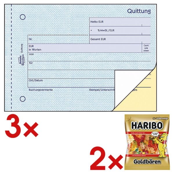 Avery Zweckform 3x Formularbuch Quittung 1735 MwSt. separat ausgewiesen inkl. 2x Fruchtgummi Goldbren