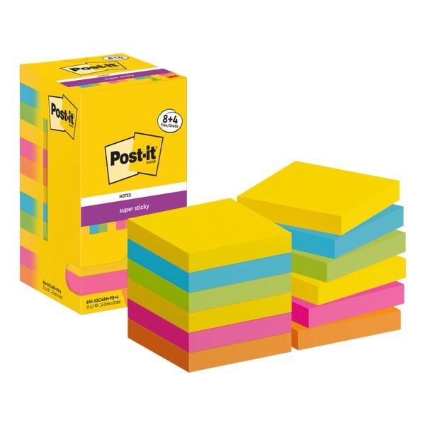 8+4x Post-it Super Sticky Haftnotizblock Carnival Collection 7,6 x 7,6 cm, 1080 Blatt gesamt, farbig sortiert 654-SSCARN-P8+4