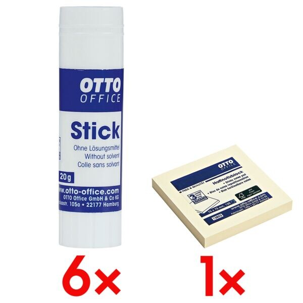 OTTO Office 6x Klebestift Stick 20 g inkl. Haftnotizblock 75 x 75 mm gelb