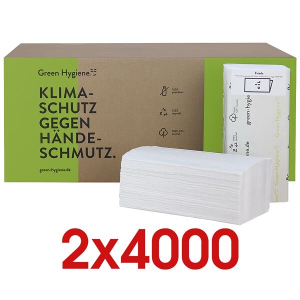 2x Papierhandtcher Green Hygiene Frieda CO₂ neutral produziert 2-lagig, hochwei, 25 cm x 23 cm aus Recycling-Tissue aus 100% Altpapier mit Z-Falzung - 8000 Blatt gesamt