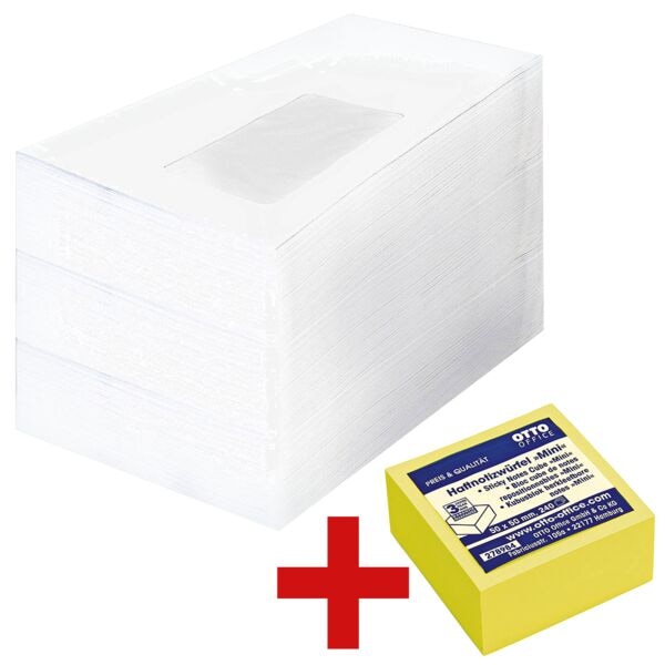 Briefumschlge Steinmetz 75 g/m - 500 Stck inkl. Haftnotizwrfel 50x50 mm Mini brilliantgelb 1 Packung Briefumschlge / 1 Haftnotizwrfel