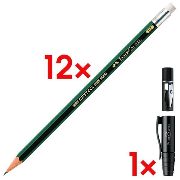 12x Bleistift Faber-Castell 9000, HB, mit Radiergummi inkl. Anspitzerkappe mit integriertem Anspitzer Perfect Pencil schwarz