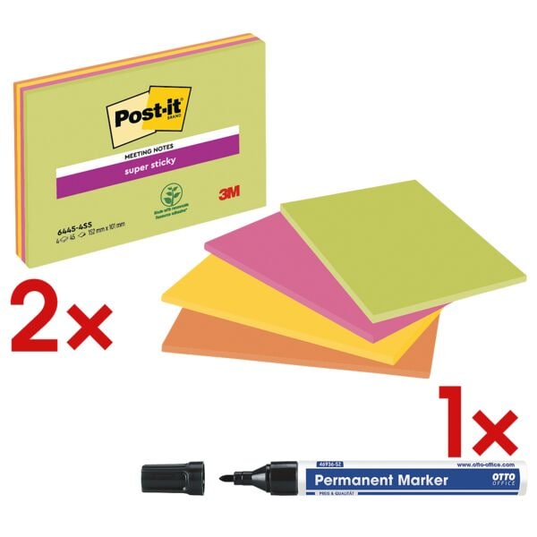 2x Post-it Super Sticky Meeting Notes XXL Haftnotizblcke 15,2 x 10,1 cm,  Blatt gesamt, farbig sortiert inkl. Permanent-Marker