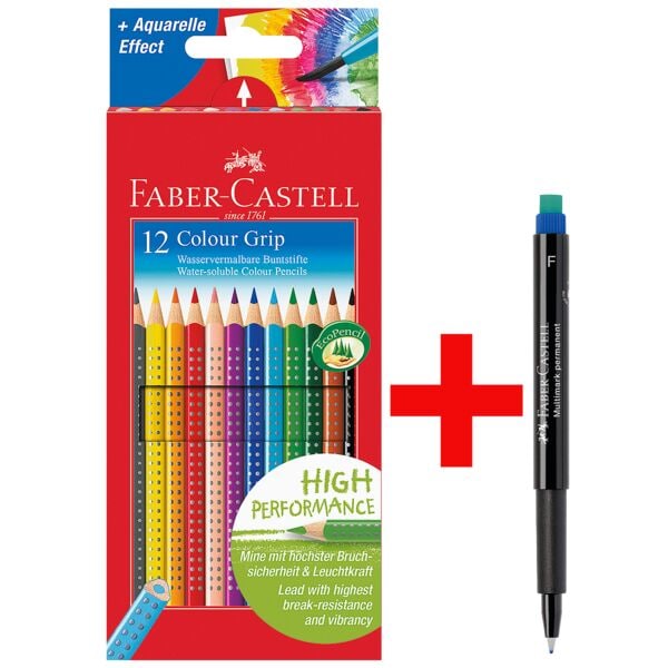 Faber-Castell (Schule) 12er-Pack Buntstifte Colour-GRIP inkl. Permanent Marker Multimark 1513 F