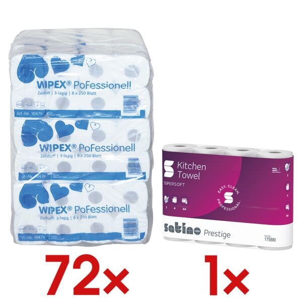 WIPEX Toilettenpapier 3-lagig, hochweiß - 72 Rollen (9 Pack à 8 Rollen) inkl. Küchenrollen 3-lagig, 4 Rollen WIPEX Toilettenpapier 3-lagig, hochweiß - 72 Rollen (9 Pack à 8 Rollen) inkl. Küchenrollen 3-lagig, 4 Rollen