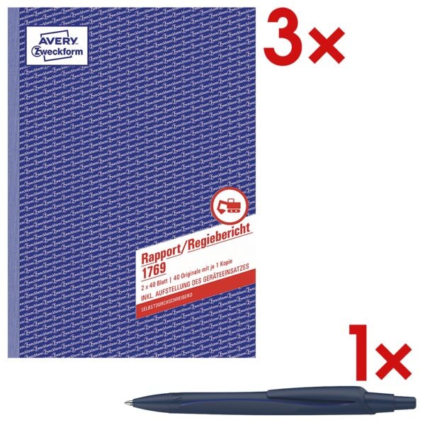 Avery Zweckform 3x Formularbuch Rapport/Regiebericht inkl. Kugelschreiber Reco blau