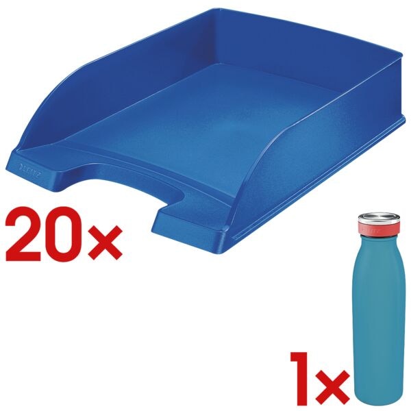 20x LEITZ Briefablage 5227 Plus, A4 Polystyrol, stapelbar bis 12 Stck, inkl. Thermo-Trinkflasche 9016 Cosy blau
