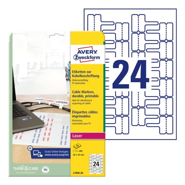 Avery Zweckform 480 Etiketten zur Kabelbeschriftung - 60x40 mm L7950-20
