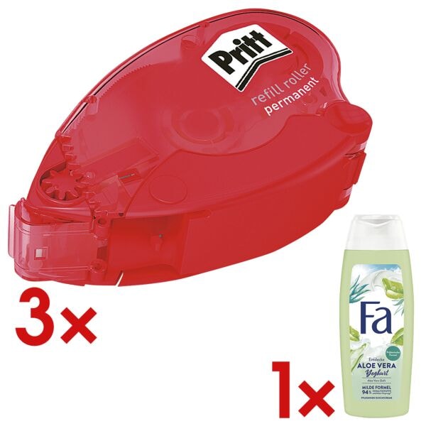Pritt 3x Kleberoller �Refill permanent� inkl. Duschgel �Joghurt & Aloe Vera�