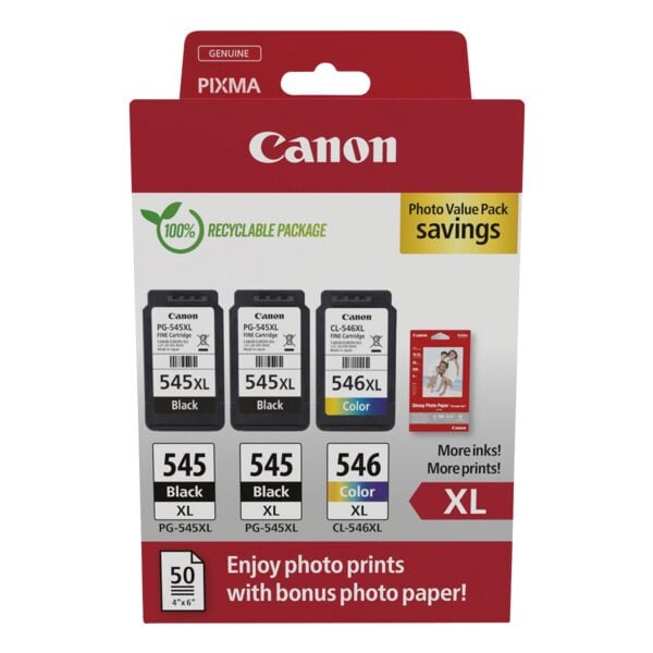 Canon Photo Value Pack: Tintenpatronen-Set 2x PG-545XL & CL-546XL + Fotoglanzpapier 10x15 cm