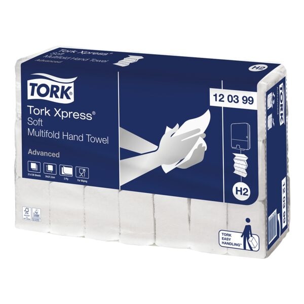 Papierhandtcher Tork Xpress® Soft Multifold Advanced H2 2-lagig, wei, 21,2 cm x 34 cm aus 100% Recyclingfasern mit I-Falzung - 2856 Blatt gesamt