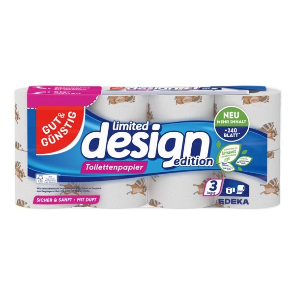 Gut & Günstig Toilettenpapier sooo weich limited design edition 3-lagig, weiß - 1 Pack mit 8 Rollen