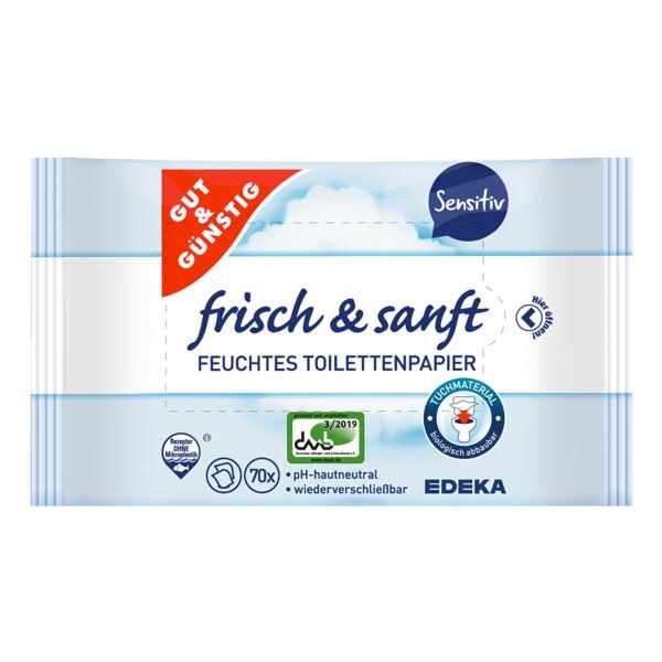 Gut & Gnstig Feuchtes Toilettenpapier frisch & sanft sensitiv 1-lagig, wei - 140 Tcher (2 Pack  70 Tcher) im Komfortbeutel