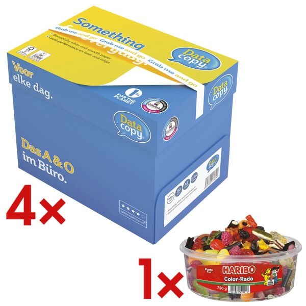 4x Multifunktionales Druckerpapier A4 Data-Copy Everyday Printing - 10000 Blatt gesamt inkl. Fruchtgummi »Color-Rado« Party Box 750 g