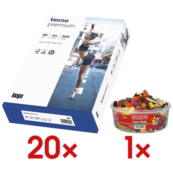 20x Multifunktionales Druckerpapier A4 tecno Premium - 10000 Blatt gesamt inkl. Fruchtgummi �Color-Rado� Party Box 750 g