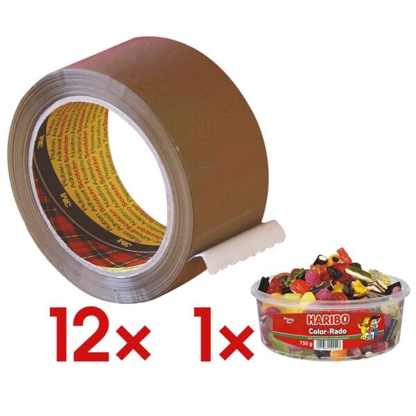 12x Packband Scotch Premium, 50 mm breit, 66 Meter lang - leise abrollbar inkl. Fruchtgummi Color-Rado Party Box 750 g