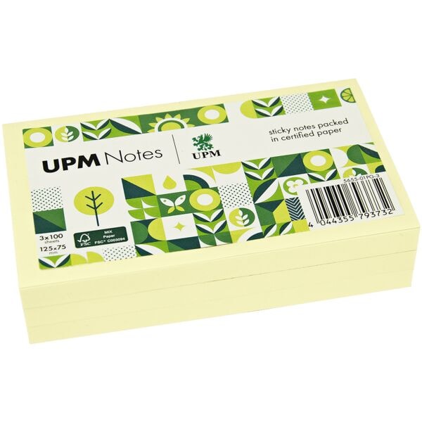 3x UPM Haftnotizen »5655-01PG-3« pergaminverpackt 12,5 x 7,5 cm, 300 Blatt gesamt, gelb