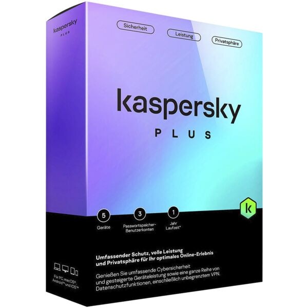 Kaspersky Sicherheitssoftware Plus Vollversion 5 Gerte / 1 Jahr