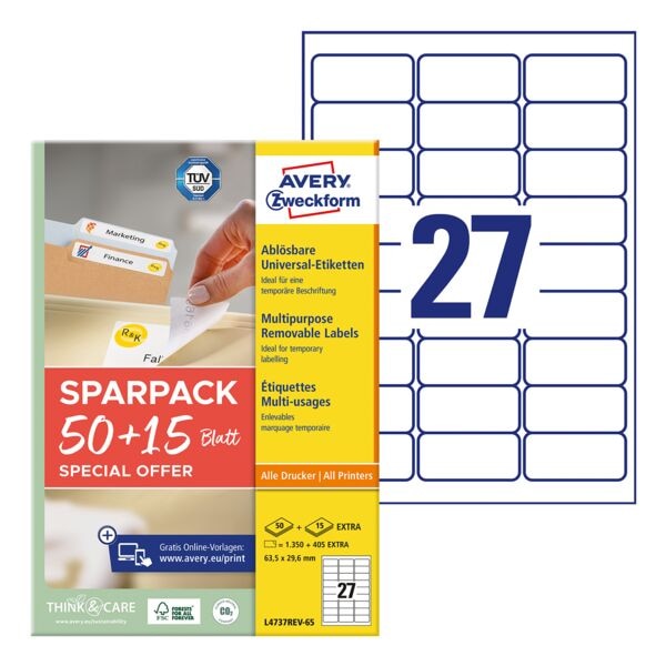 Avery Zweckform Universaletiketten wiederablsbar wei 63,5x29,6 mm 1755 Stck L4737REV-65