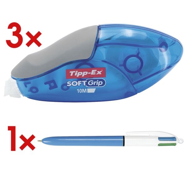 3x Tipp-Ex Einweg-Korrekturroller Soft Grip 4,2 mm / 10 m inkl. 4-Farb-Kugelschreiber 4 Colours