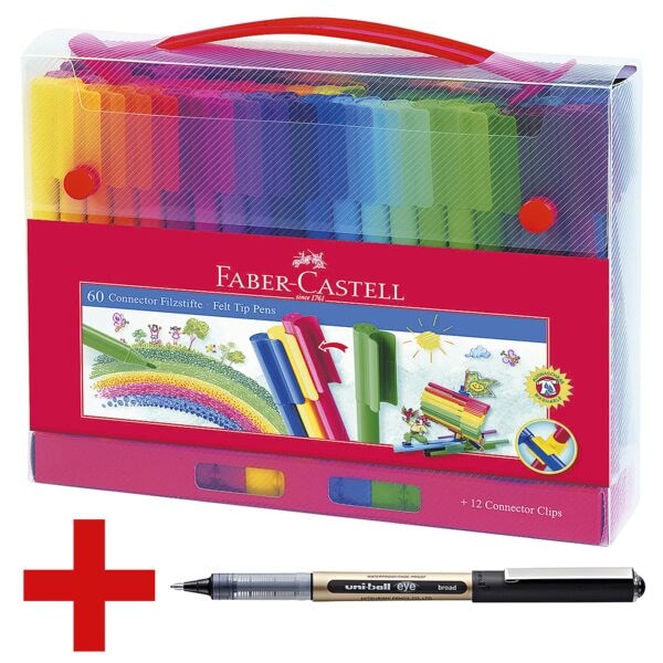 Faber-Castell (Schule) Connector Filzstifte 60 Farben + Bastelkarten und Connector-Clips inkl. Tintenroller eye broad schwarz