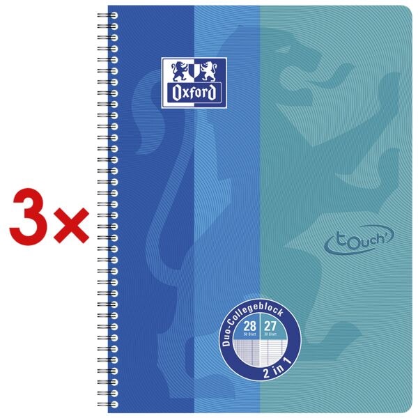 3x Collegeblock Oxford Touch Duo A4+ kariert und liniert, 80 Blatt