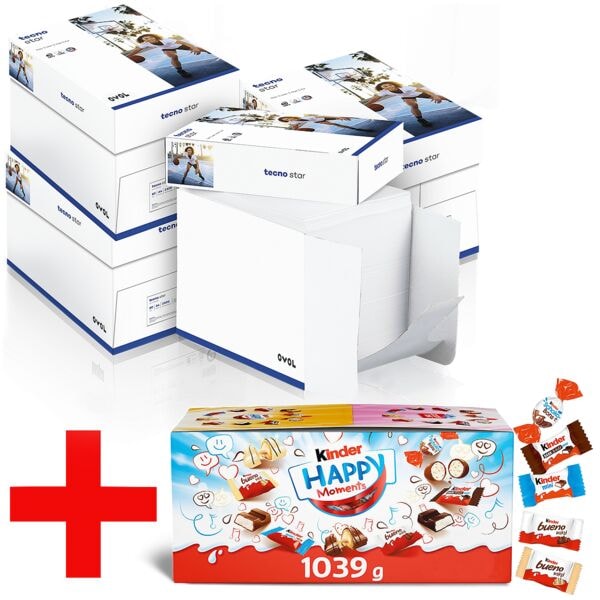4x Maxi-Box Kopierpapier A4 tecno Star - 10000 Blatt gesamt, 80g/qm inkl. Minischokoladen-Box Happy Moments 1039 g