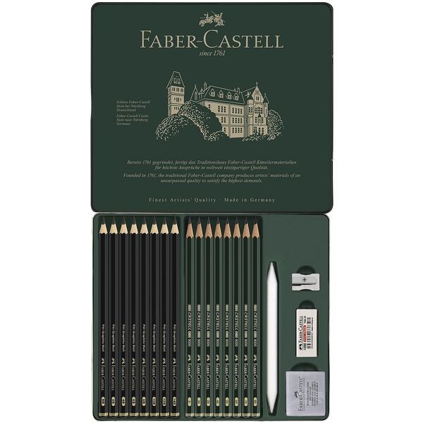 Zeichenbleistift-Set Faber-Castell Pitt Graphite Matt & Castell 9000, HB, B, 2x 2B, 3B, 2x 4B, 5B, 2x 6B, 7B, 2x 8B, 10B, 12B, 14B, mit Radiergummi