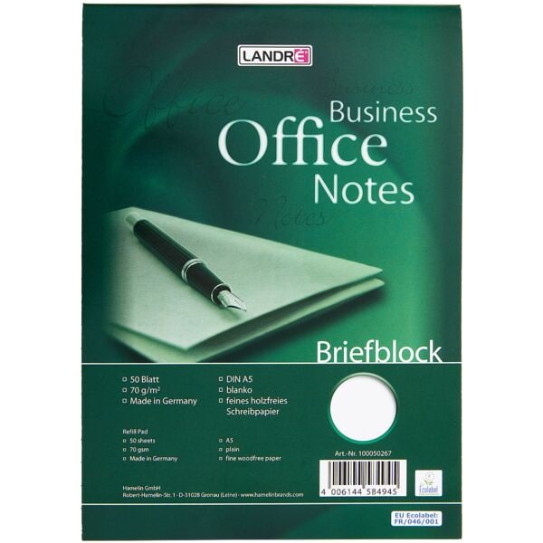 Landré Briefblock Work, A5, blanko, 50 Blatt, ohne Register