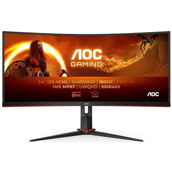 AOC CU34G2XP/BK VA Monitor, 86,4 cm (34''), 21:9, UWQHD, HDMI, DisplayPort, USB, Audio Out, 3,5-mm-Stecker