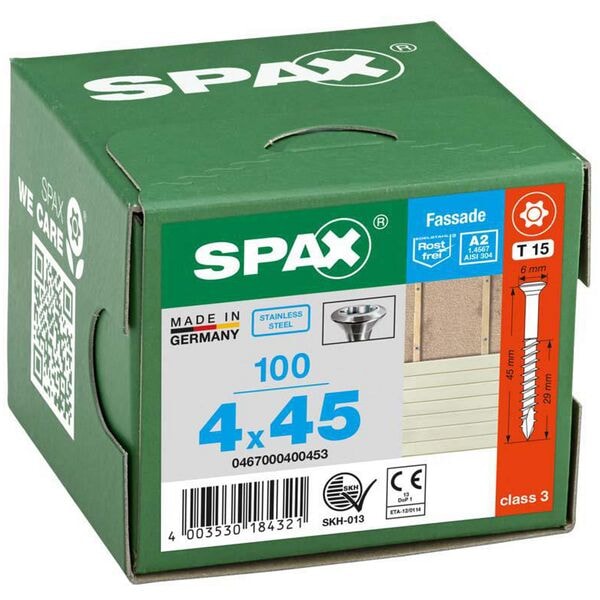 SPAX Fassadenschrauben T15 Linsensenkkopf A2 4 x 45 mm 100 St. SPAX Fassadenschrauben T15 Linsensenkkopf A2 4 x 45 mm 100 St.