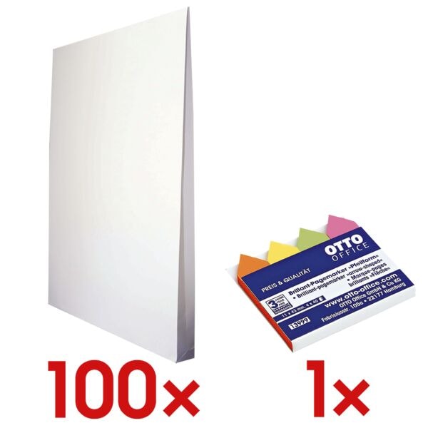 Mailmedia 100 Faltentaschen mit Steh-/Klotzboden 20 mm Falte C4 120 g/m ohne Fenster inkl. Pagemarker Pfeil 43 x 11 mm
