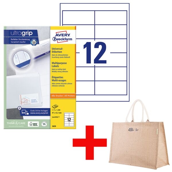 Avery Zweckform 1200er-Pack Universal Klebeetiketten 3659 inkl. Jute Shopper Large