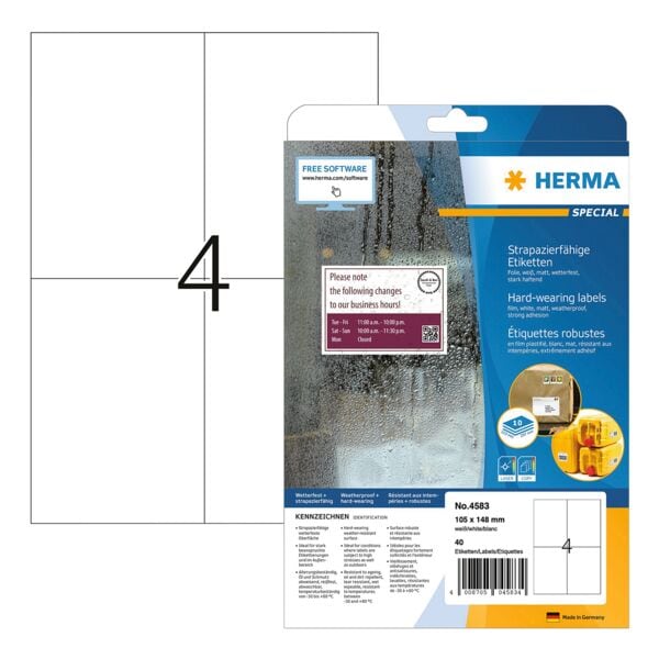 Herma Wetterfeste Folienetiketten permanent wei 105x148 mm 4583 40 Stck