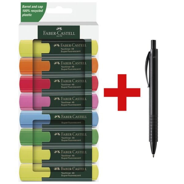 8x Faber-Castell Textmarker Textliner 48 nachfüllbar Keilspitze inkl. Kugelschreiber »Basic M« schwarz