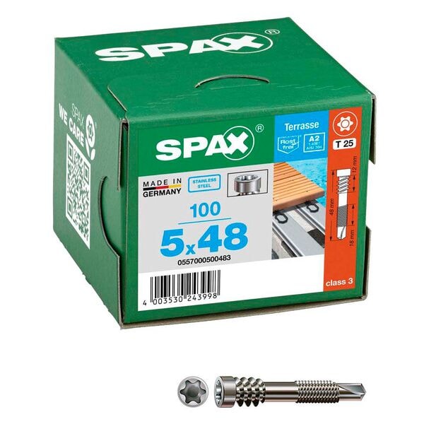 SPAX Terrassenschrauben T25 Zylinderkopf A2 5 x 48 mm 100 Stück SPAX Terrassenschrauben T25 Zylinderkopf A2 5 x 48 mm 100 Stück