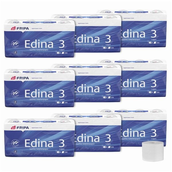 Toilettenpapier Edina 3-lagig, hochwei - 1 Pack = 72 Rollen in 9 Einzelpackungen