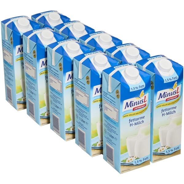 MinusL 10er-Pack Laktosefreie H-Milch fettarm 1,5% Fett 1 Liter