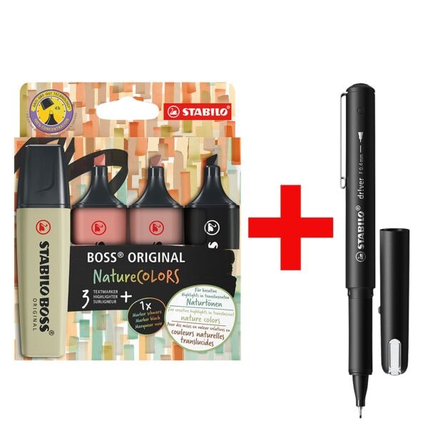 4x STABILO Textmarker BOSS ORIGINAL NatureCOLORS Keilspitze inkl. Fineliner dr!ver 0,4 mm (F) schwarz