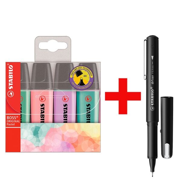 4x STABILO Textmarker BOSS® Original Pastell Keilspitze inkl. Fineliner dr!ver 0,4 mm (F) schwarz