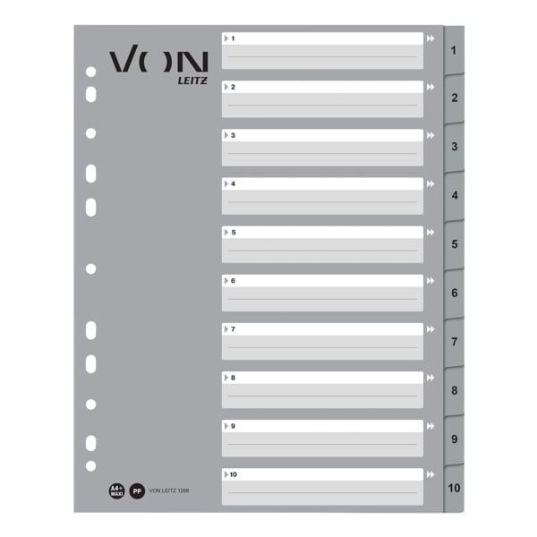 VON Register, A4 berbreite berbreit, 1-10 10-teilig, grau / einfarbige Taben, Polypropylen