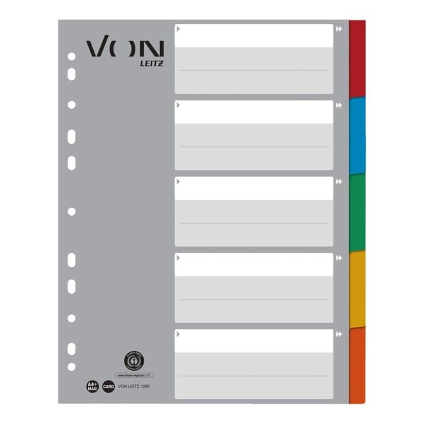 VON Register, A4 berbreite berbreit, 1-5 5-teilig, grau / mehrfarbige Taben, Karton