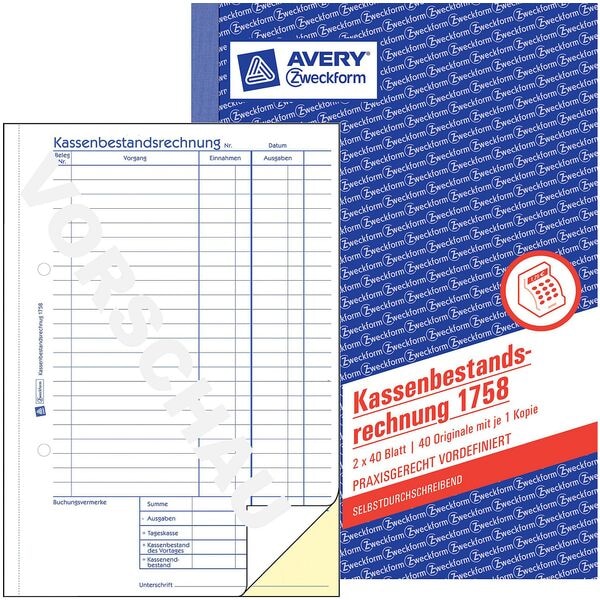 Avery Zweckform Formularbuch �Kassenbestandsrechnung 1758� 2x40 Blatt selbstdurchschreibend