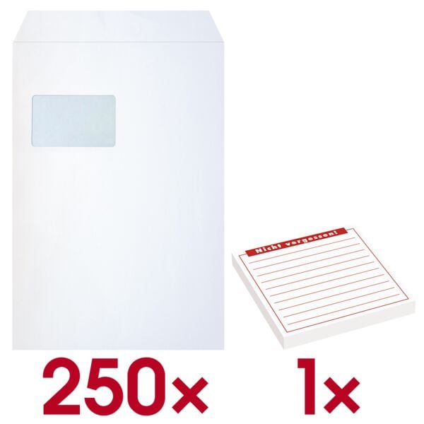 OTTO Office 250 Versandtaschen C4 100 g/m mit Fenster inkl. Haftnotizblock Nicht vergessen! 100 x 100 mm