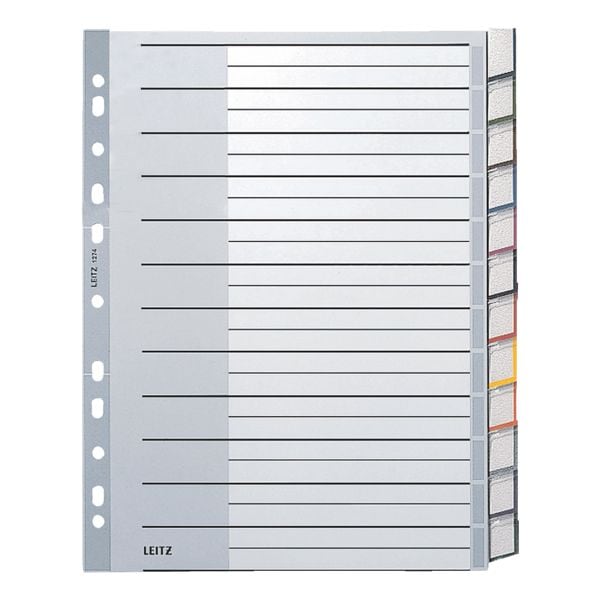 LEITZ Register 1274, A4 berbreit, mit Fenstertaben 12-teilig, grau / mehrfarbige Taben, Kunststoff