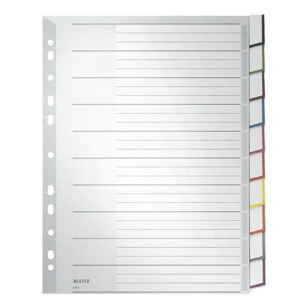 LEITZ Register 4370, A4 berbreit, mit Fenstertaben 10-teilig, grau / mehrfarbige Taben, Kunststoff