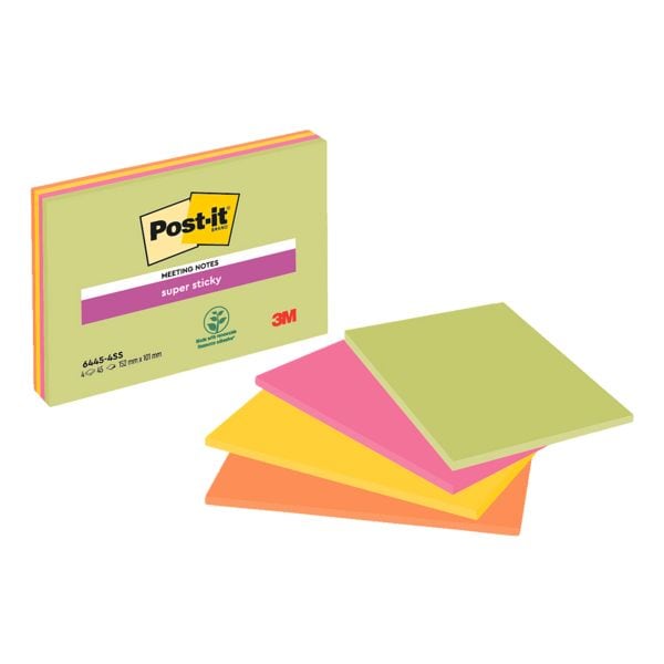 4x Post-it Super Sticky Meeting Notes XXL Haftnotizblcke 15,2 x 10,1 cm, 180 Blatt gesamt, farbig sortiert