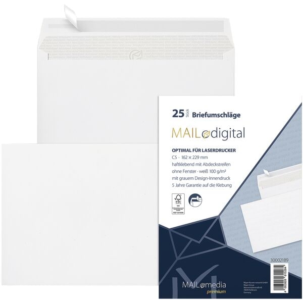 Mailmedia 25 Laserbedruckbare Versandtaschen Maildigital, C5 ohne Fenster
