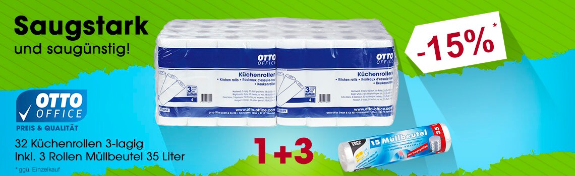 OTTO Office Küchenrollen 3-lagig, 32 Rollen (8 Pack à 4 Rollen) inkl. 45 Müllbeutel (3 Rollen à 15 Stück)
